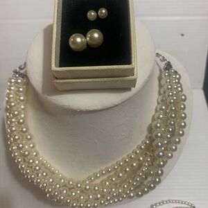 Perl looking jewelry set 2 sets of earrings,cluster strands necklace,bracelet